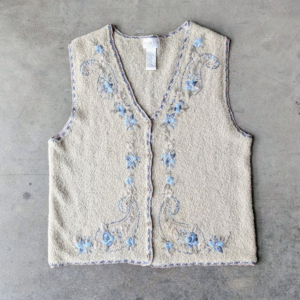 Vintage Cottagecore Beige Knit Blue Floral Embroidered Sweater Vest medium